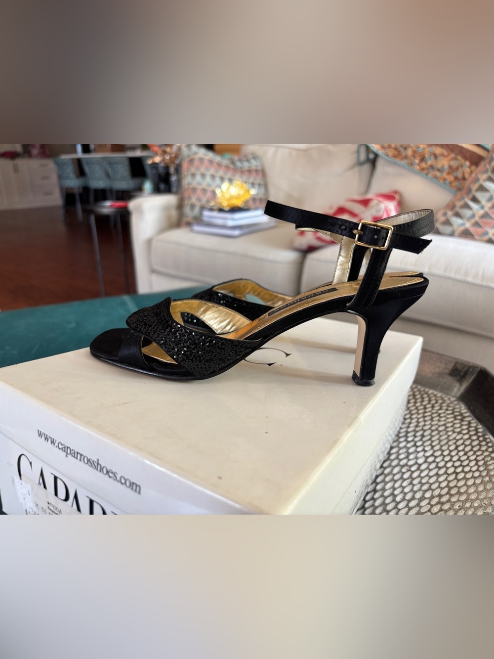Vintage Caparros Black Sequin Evening Sandals Heels Sz 5B